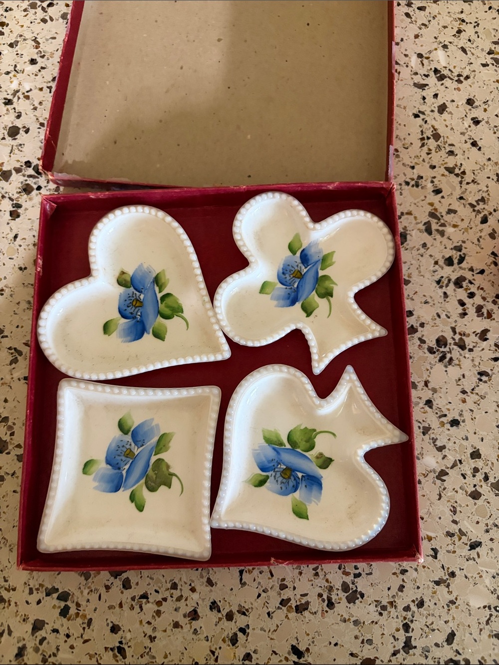 Vintage genuine Hand-Painted Blue Floral milk glass Trinket Dish Set